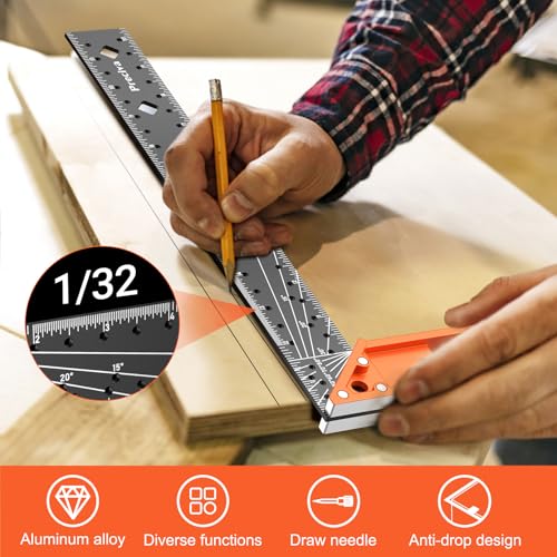 Preciva 12” Woodworking Square Ruler - Preciva Right Angle Ruler Carpenter Square Layout Tool, Features Stainless Steel Blade, Retractable Ledge, 1/16” and 1/32” Notch Spacing and Multi-Angle Scribe Mark - Image 2