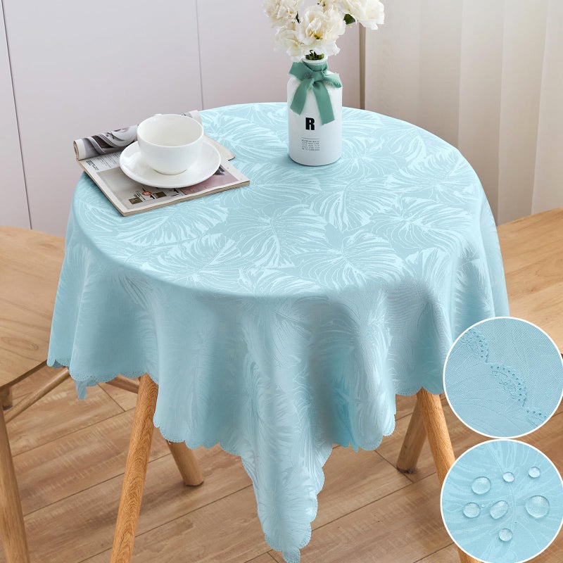 Jacquard Round Tablecloth 70 Inch Blue Tablecloth Leaves Pattern Scalloped Edge Silky Soft Table cloth Waterproof Wrinkle Resistant Washable Table Cover for Dinning Tabletop Party Banquet Decoration