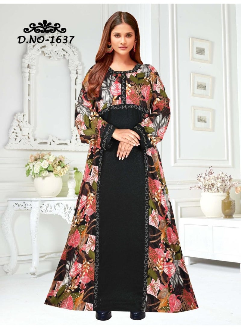 زينة فستان جلابية نسائي طويل فاخر من نسيج الحرير الصناعي - بأكمام كاملة مطرّزة ومنقوش بالكامل - تنورة واسعة للمناسبات