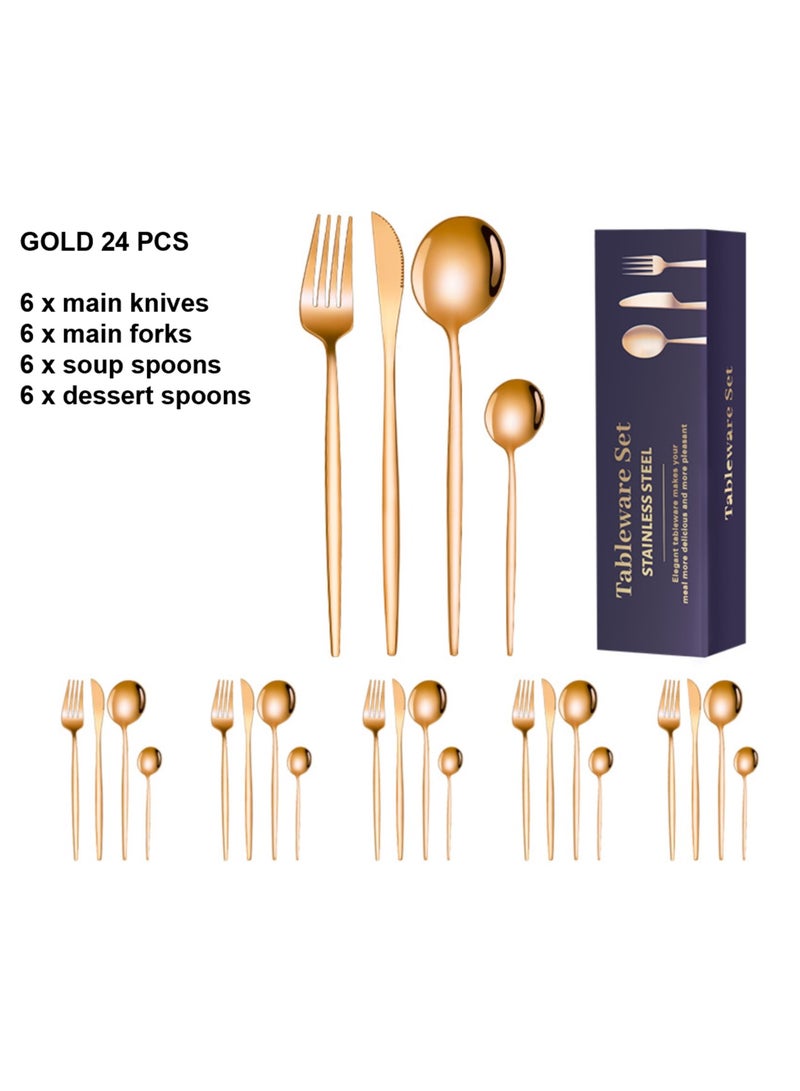 Premium 24-Piece Stainless Steel Cutlery Set in Multiple Colours Variations (Silver, Rose Gold, Gold, Pink/Gold, White/Gold Handles) with 6 X Main Knives/Main Forks/Soup Spoons/Dessert Spoons! Perfect for Gifting/Self-use!  - Image 1