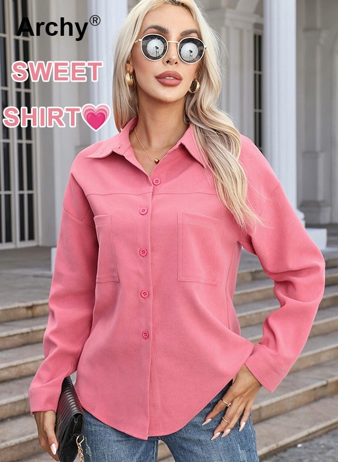 Archy Women's Top Solid Long Sleeve Loose Casual Shirt Ladies Lapel Pocket Office Shirts Fashion Mid-Length Button Down Versatile Outwear for Women - Image 1