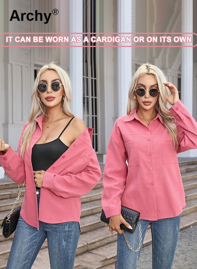 Archy Women's Top Solid Long Sleeve Loose Casual Shirt Ladies Lapel Pocket Office Shirts Fashion Mid-Length Button Down Versatile Outwear for Women - Image 2