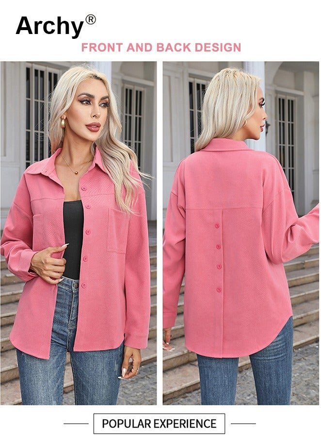 Archy Women's Top Solid Long Sleeve Loose Casual Shirt Ladies Lapel Pocket Office Shirts Fashion Mid-Length Button Down Versatile Outwear for Women - Image 3