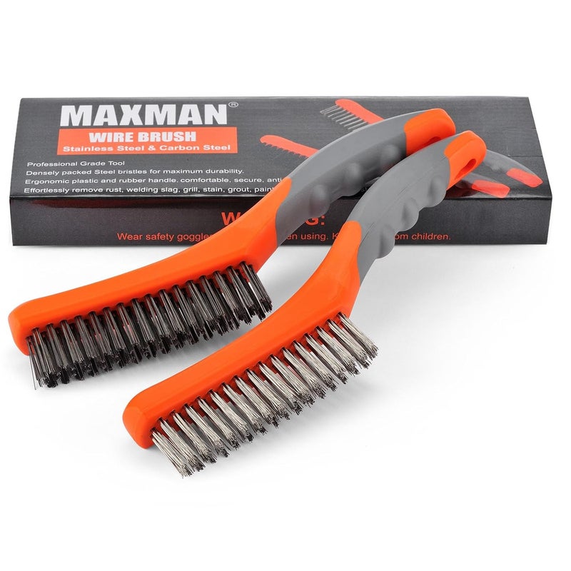 MAXMAN Wire Brush Set, Heavy Duty Stainless Steel and Carbon Steel Wire Brushes for Cleaning Rust, Grill, Dirt, Paint Removal, Welding, Stiff Bristle Metal Brush with 10" Plastic Handle, Large, 2Pcs - Image 1