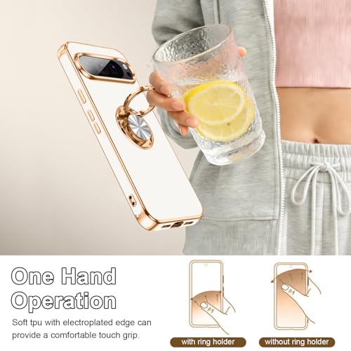 Tnarru Designed for Google Pixel 10/Pixel 10 Pro Case with Ring Stand, Support Magnetic Car Mount Rotating Finger Holder Soft TPU Cover Plating Edge Slim Phone Case for Pixel 10/10 Pro 5G White - Image 4