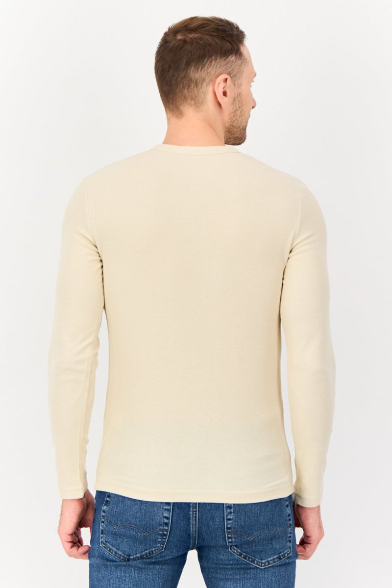 Celio Men Crew Neck Long Sleeve Plain T-Shirt, Beige - Image 3