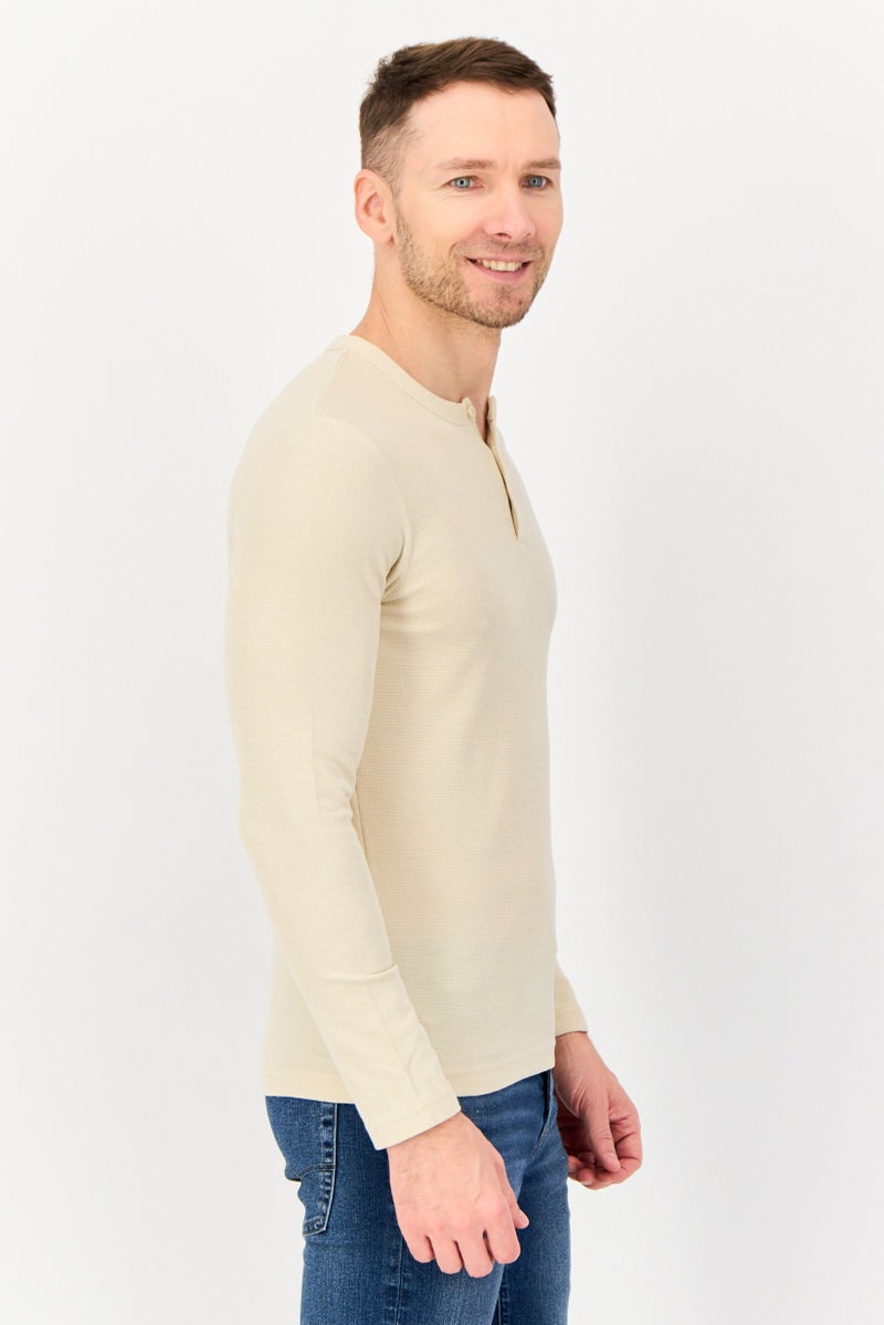 Celio Men Crew Neck Long Sleeve Plain T-Shirt, Beige - Image 2