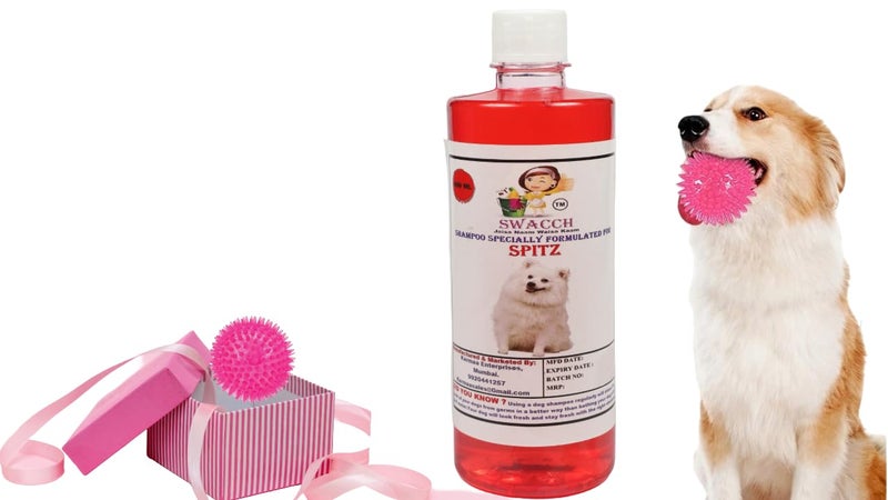 swacch Shampoo | Puppy Safe Shampoo | PH Balanced | Ditch to Itch for Spitz Dog Shampoo 500ml (Strawberry) + Spike Ball Chew Toy Combo Pack - Image 1