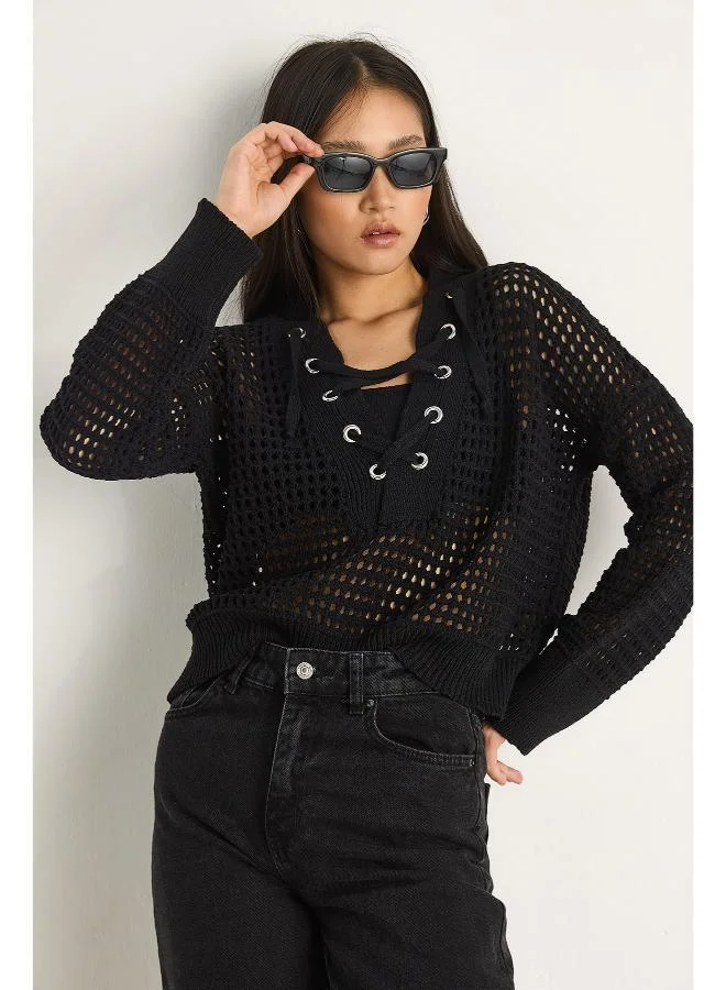 Ginger Lace Tie Up Detail Openwork Top