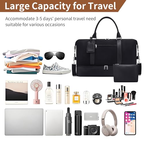 Oeihuivt Weekender Bags for Women - 21 Inch Large Travel Duffel Bag 2-Piece Set with Shoe Compartment, Heavy-Duty nylon & Leather Carry On Overnight Tote (Airplane Approved) - Image 3