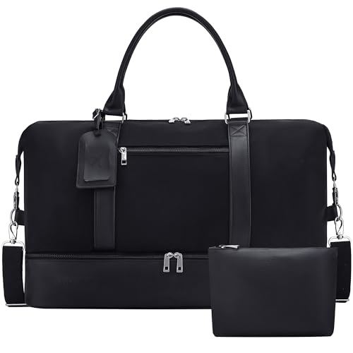 Oeihuivt Weekender Bags for Women - 21 Inch Large Travel Duffel Bag 2-Piece Set with Shoe Compartment, Heavy-Duty nylon & Leather Carry On Overnight Tote (Airplane Approved) - Image 1