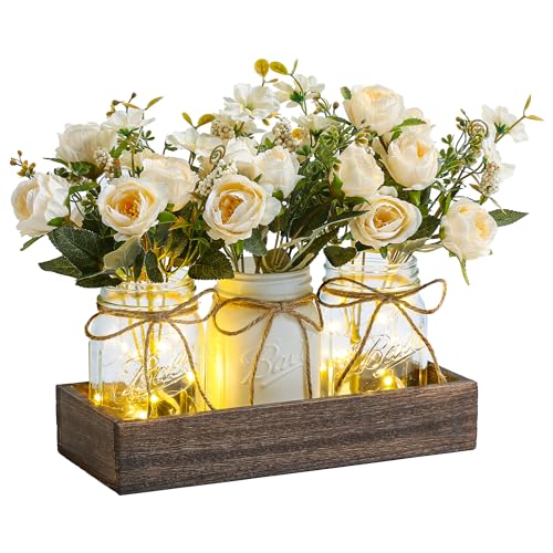 DUO ER DUOER 3 Pcs Mason Jar Centerpiece Table Decorations for Dining Table Decor Farmhouse Coffee Table Decor with Wood Tray and Led Light Table Centerpieces for Dining room Kitchen Living Bathroom,White - Image 1