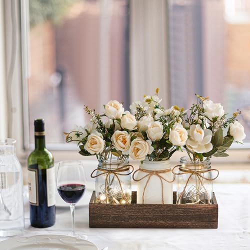 DUO ER DUOER 3 Pcs Mason Jar Centerpiece Table Decorations for Dining Table Decor Farmhouse Coffee Table Decor with Wood Tray and Led Light Table Centerpieces for Dining room Kitchen Living Bathroom,White - Image 4