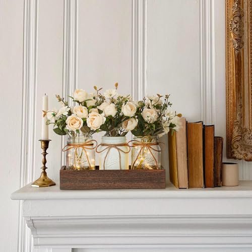 DUO ER DUOER 3 Pcs Mason Jar Centerpiece Table Decorations for Dining Table Decor Farmhouse Coffee Table Decor with Wood Tray and Led Light Table Centerpieces for Dining room Kitchen Living Bathroom,White - Image 5
