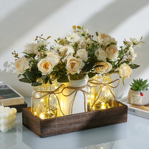 DUO ER DUOER 3 Pcs Mason Jar Centerpiece Table Decorations for Dining Table Decor Farmhouse Coffee Table Decor with Wood Tray and Led Light Table Centerpieces for Dining room Kitchen Living Bathroom,White - Image 2