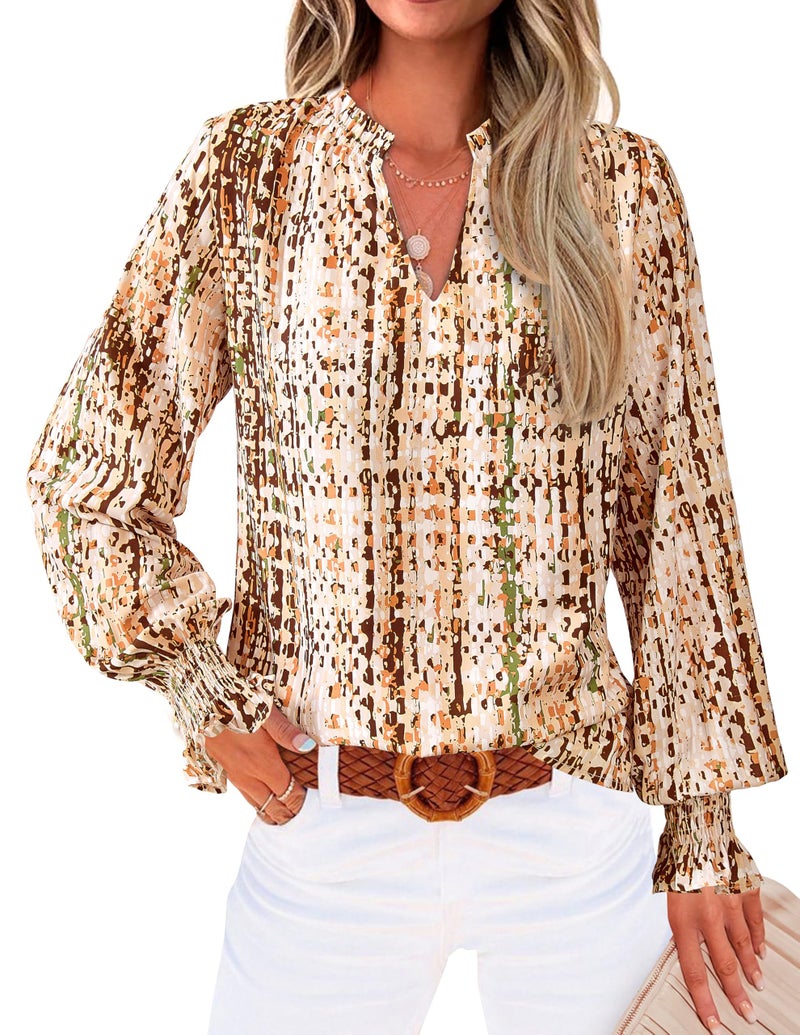 MASCOMODA Womens V Neck Floral Long Sleeve Tops 2026 Summer Casual Loose Puff Sleeve Chiffon Boho Work Blouse Dressy T Shirts(Khaki Floral,Medium) - Image 1