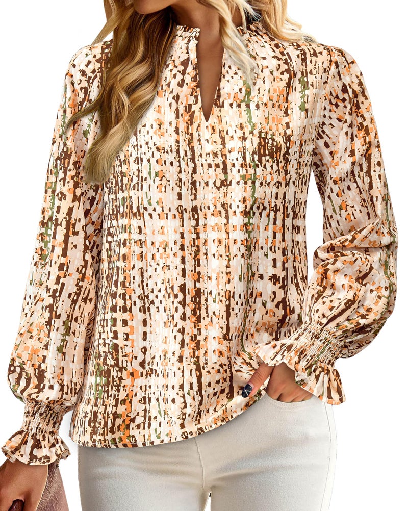MASCOMODA Womens V Neck Floral Long Sleeve Tops 2026 Summer Casual Loose Puff Sleeve Chiffon Boho Work Blouse Dressy T Shirts(Khaki Floral,Medium) - Image 4