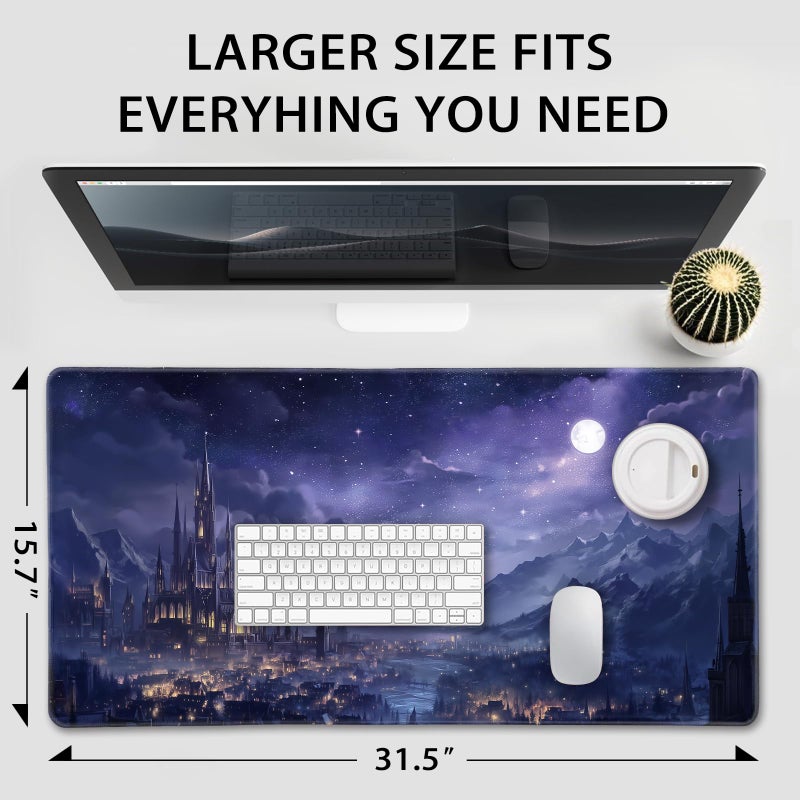 Mcapirivo Fantasy Castle Night Scene Large Gaming Mouse Pad 31.5"x15.7"ï½œXXL Desk Mat, Non-Slip Rubber Base & Stitched Edges - Extended Waterproof Mousepad for PC/Laptop/Office/Home Decor - Image 4