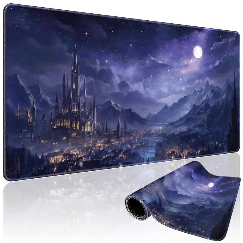 Mcapirivo Fantasy Castle Night Scene Large Gaming Mouse Pad 31.5"x15.7"ï½œXXL Desk Mat, Non-Slip Rubber Base & Stitched Edges - Extended Waterproof Mousepad for PC/Laptop/Office/Home Decor - Image 1