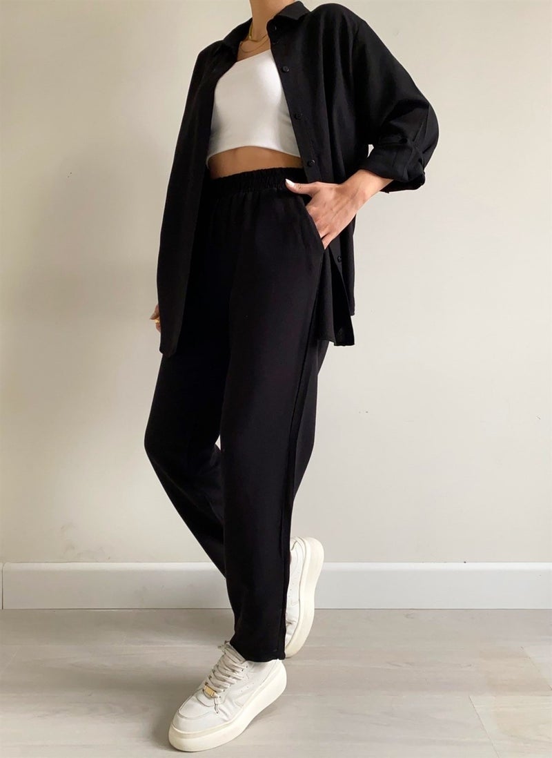 Barbora Linen Casual Two Piece Suit Pants Shirt LN21SIYAH14  - Image 2