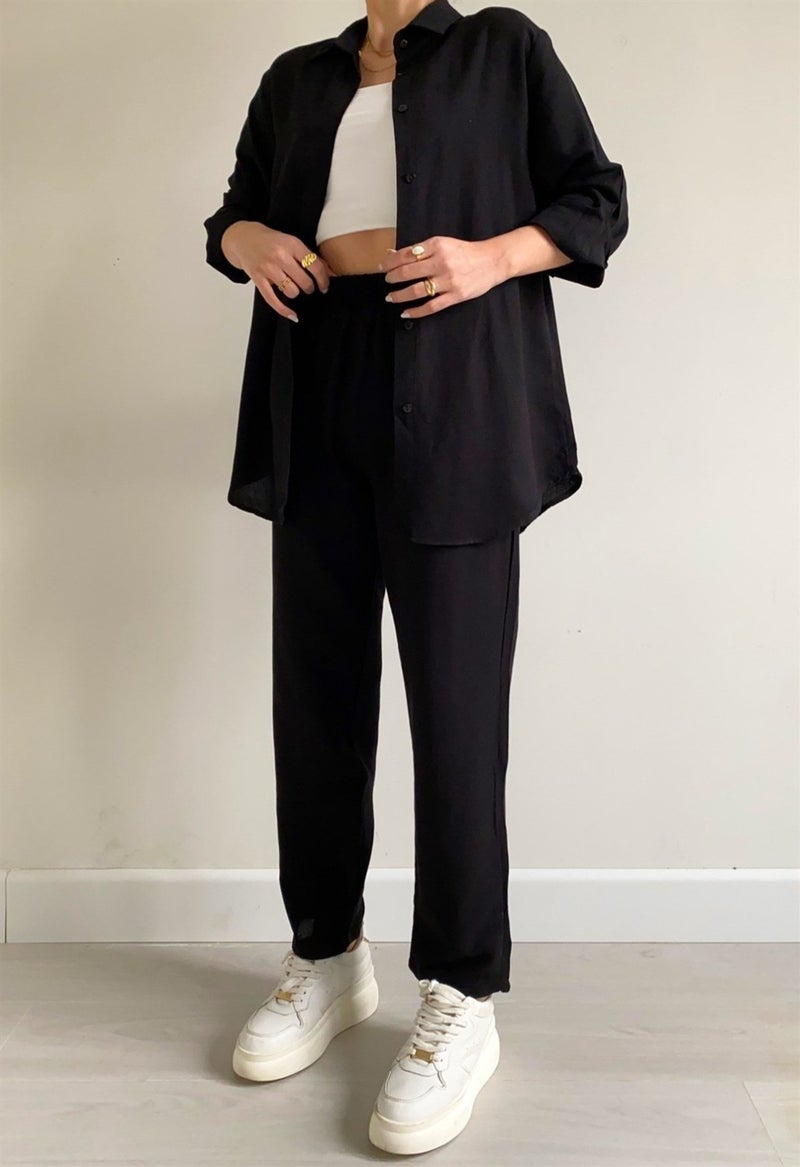 Barbora Linen Casual Two Piece Suit Pants Shirt LN21SIYAH14  - Image 4