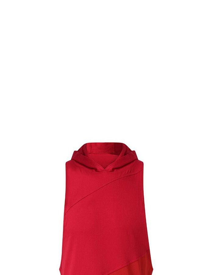 Loquat Hooded Long Loose Sleeveless T-Shirt Red  - Image 2