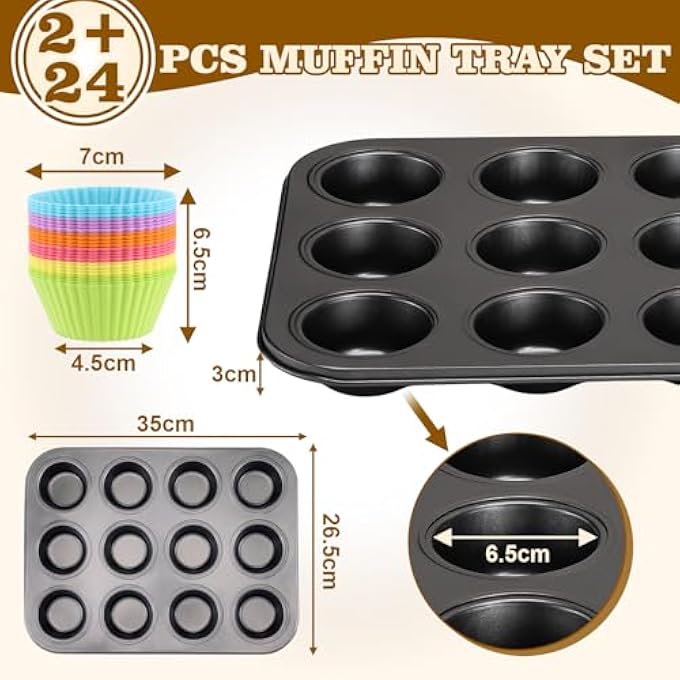 BEWOS 2 Pcs NonStick 12 Cup Muffin Tray Carbon Steel Cupcake Trays With 24 Reusable Silicone Muffin Cases Dishwasher Safe Muffin Trays Baking Moulds For Muffins Or CupcakeGrey - Image 3