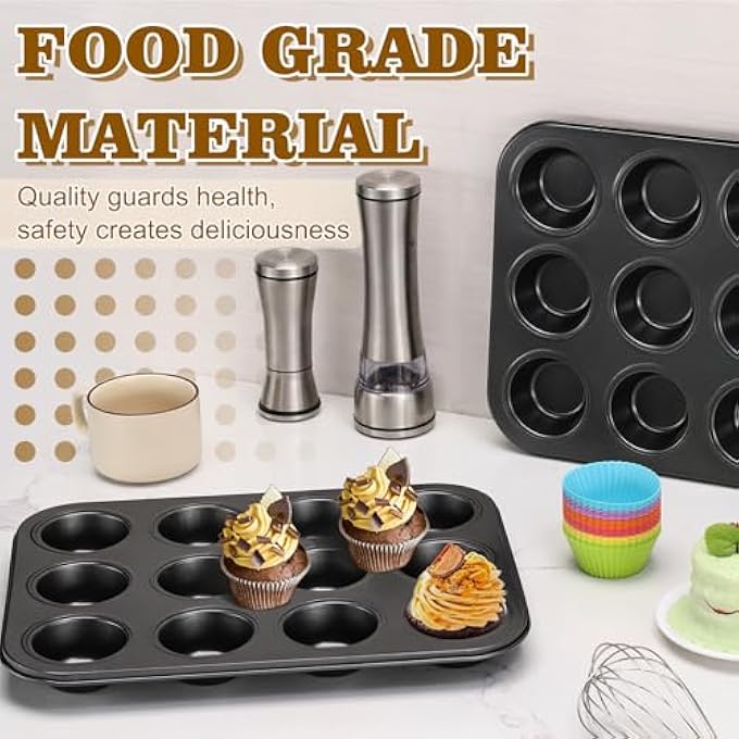 BEWOS 2 Pcs NonStick 12 Cup Muffin Tray Carbon Steel Cupcake Trays With 24 Reusable Silicone Muffin Cases Dishwasher Safe Muffin Trays Baking Moulds For Muffins Or CupcakeGrey - Image 5