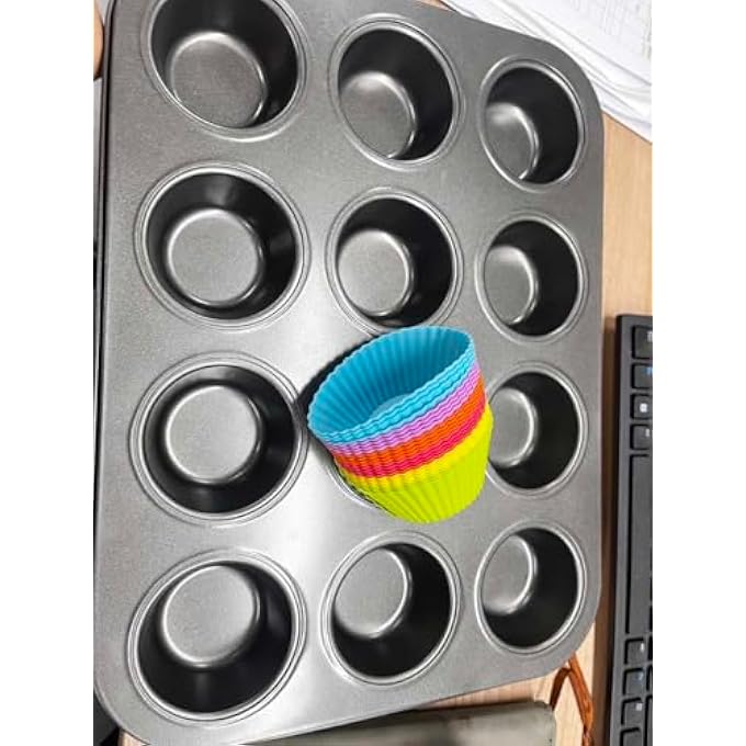 BEWOS 2 Pcs NonStick 12 Cup Muffin Tray Carbon Steel Cupcake Trays With 24 Reusable Silicone Muffin Cases Dishwasher Safe Muffin Trays Baking Moulds For Muffins Or CupcakeGrey - Image 2