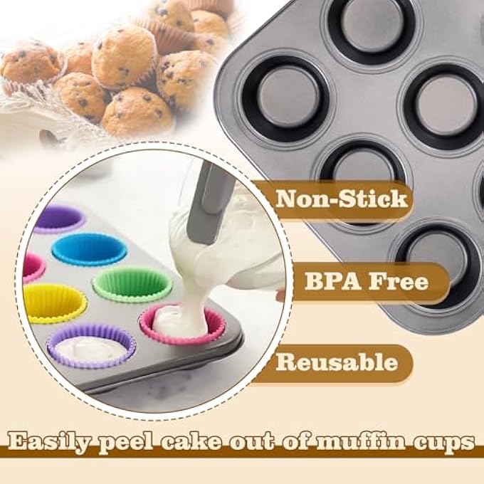 BEWOS 2 Pcs NonStick 12 Cup Muffin Tray Carbon Steel Cupcake Trays With 24 Reusable Silicone Muffin Cases Dishwasher Safe Muffin Trays Baking Moulds For Muffins Or CupcakeGrey - Image 4