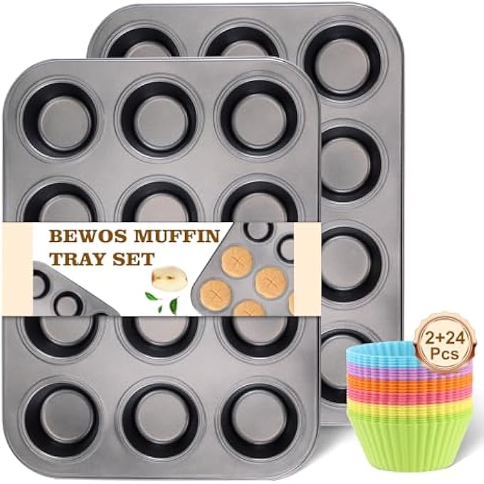BEWOS 2 Pcs NonStick 12 Cup Muffin Tray Carbon Steel Cupcake Trays With 24 Reusable Silicone Muffin Cases Dishwasher Safe Muffin Trays Baking Moulds For Muffins Or CupcakeGrey - Image 1