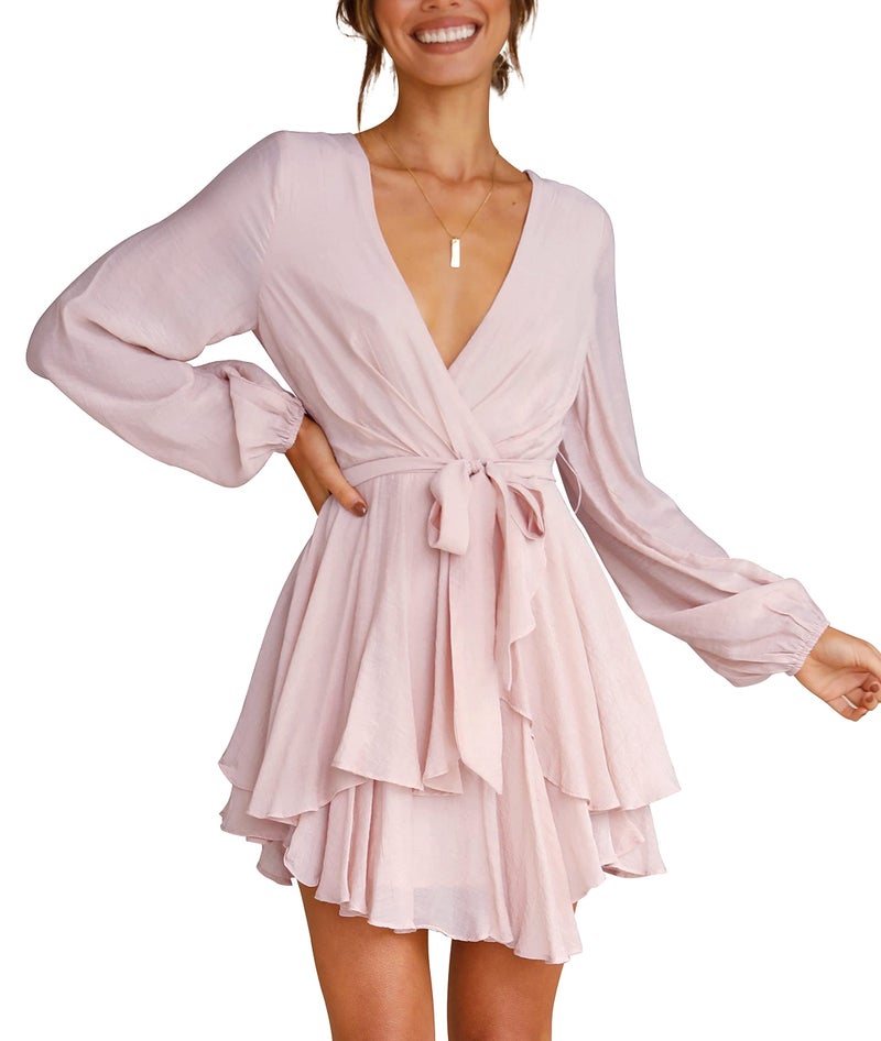 Cosonsen Womens Wedding Guest Dress Deep V-Neck Long Sleeve Ruffle Short Dress Pink L - Image 4