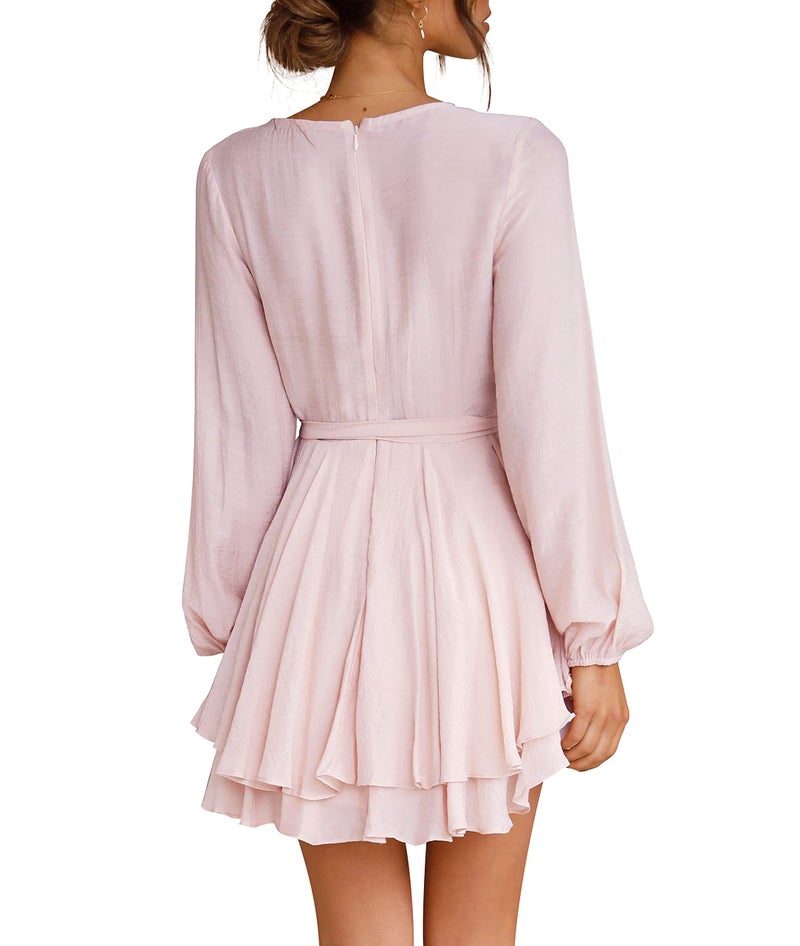 Cosonsen Womens Wedding Guest Dress Deep V-Neck Long Sleeve Ruffle Short Dress Pink L - Image 3