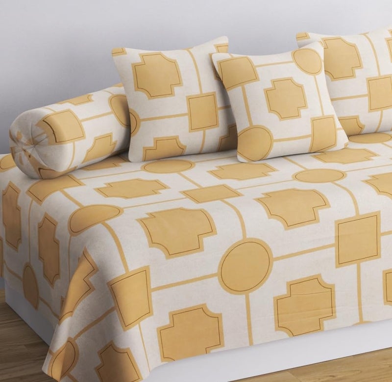 SHOMES Pure Cotton Printed Diwan Set Covers 6 Pieces for Living Room 1 Single Bed Sheet with 3 Cushion Covers 2 Bolster Covers Color Beige Size Standard Set of 6 Pcs - Image 2