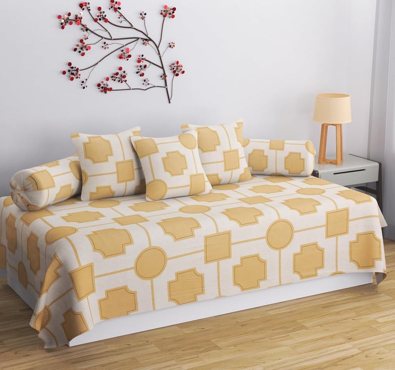 SHOMES Pure Cotton Printed Diwan Set Covers 6 Pieces for Living Room 1 Single Bed Sheet with 3 Cushion Covers 2 Bolster Covers Color Beige Size Standard Set of 6 Pcs - Image 1