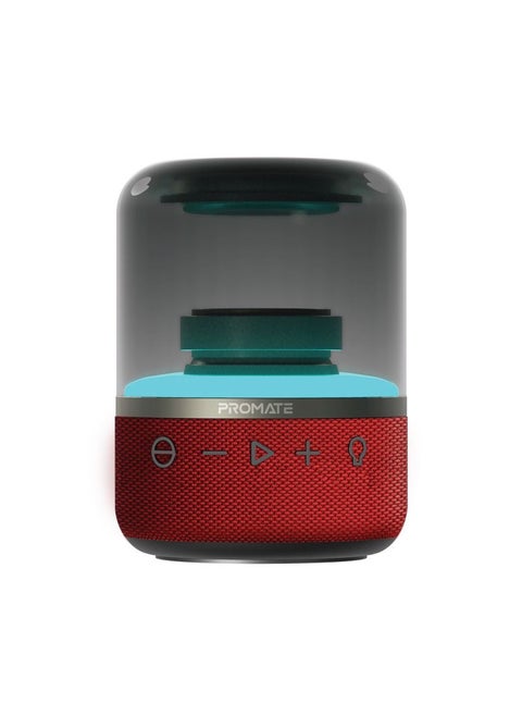 Promate Bluetooth Speaker with TWS, 360 HD Surround Sound, LED Show and Multiple Connectivity Options, Glitz Red