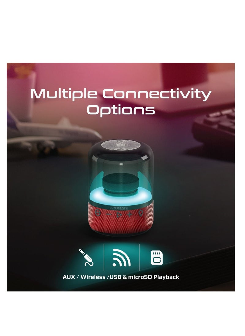 PROMATE - Promate Bluetooth Speaker with TWS, 360 HD Surround Sound, LED Show and Multiple Connectivity Options, Glitz Red - Image 1