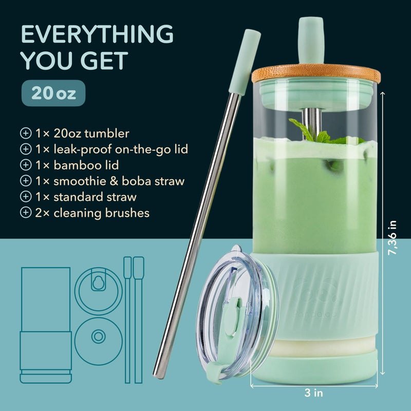 PandalooÂ® Glass Cups With Lids and Straws -20 Fl Oz- Perfect Size Iced Coffee Cup - Smoothie Cup With Bamboo Lid and On the go Lid (Sweet Sage, 1 Count (Pack of 1) - Image 2
