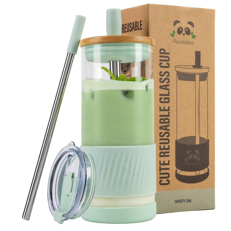 PandalooÂ® Glass Cups With Lids and Straws -20 Fl Oz- Perfect Size Iced Coffee Cup - Smoothie Cup With Bamboo Lid and On the go Lid (Sweet Sage, 1 Count (Pack of 1) - Image 1
