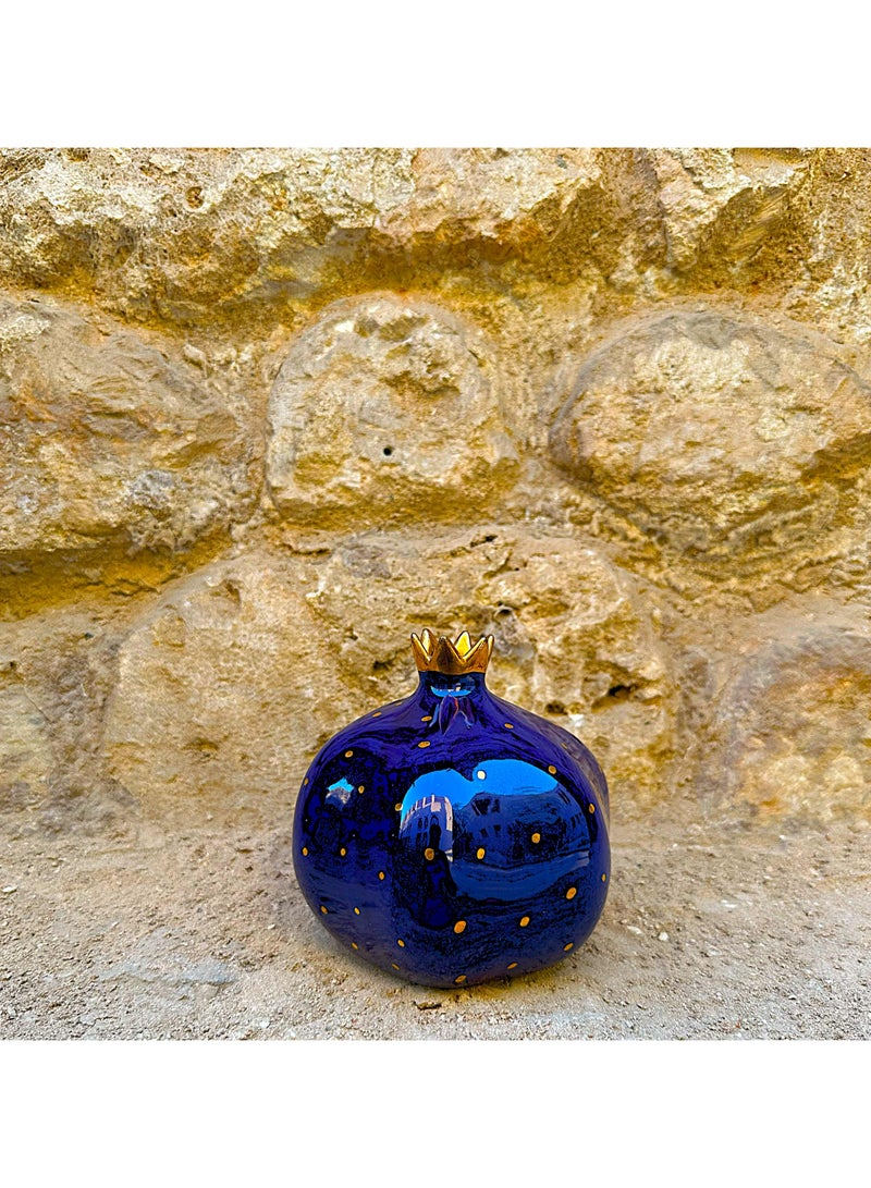 Tohfa Luxe Pomegranate Ceramic Vase – Majestic Blue | Hand-Painted Gold Detailing | 13 × 12 cm | Decorative Vase or Centerpiece - Image 1