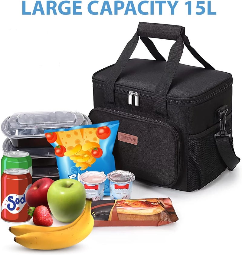 Insulated Lunch Bag, Size 30x23x23cm (15L), Leakproof insulated Lunch Box with Shoulder Strap, Warm/Cold Food Bag, Lunch Bag for Men Women School Office Work Travel Outdoor Picnic (Black) - Image 5