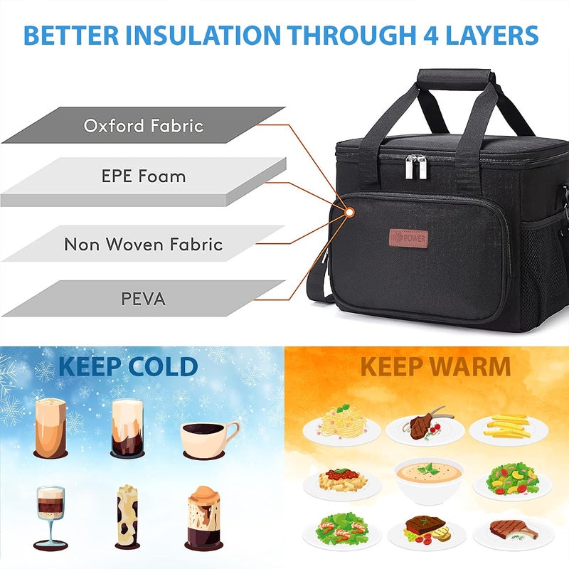 Insulated Lunch Bag, Size 30x23x23cm (15L), Leakproof insulated Lunch Box with Shoulder Strap, Warm/Cold Food Bag, Lunch Bag for Men Women School Office Work Travel Outdoor Picnic (Black) - Image 2