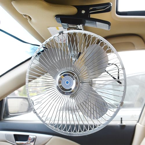 CYDZSW Car 12v Clip Fan,12 Volt DC 8 inch Large 360° Adjustment Metal Fans with Cigarette Lighter,90° Rotation Oscillating Clamp on Cooling Fan for Golf Cart,RV and Vehicles (8inch) - Image 1