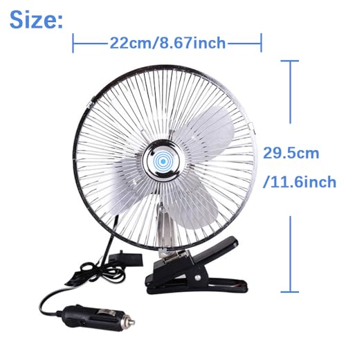 CYDZSW Car 12v Clip Fan,12 Volt DC 8 inch Large 360° Adjustment Metal Fans with Cigarette Lighter,90° Rotation Oscillating Clamp on Cooling Fan for Golf Cart,RV and Vehicles (8inch) - Image 2