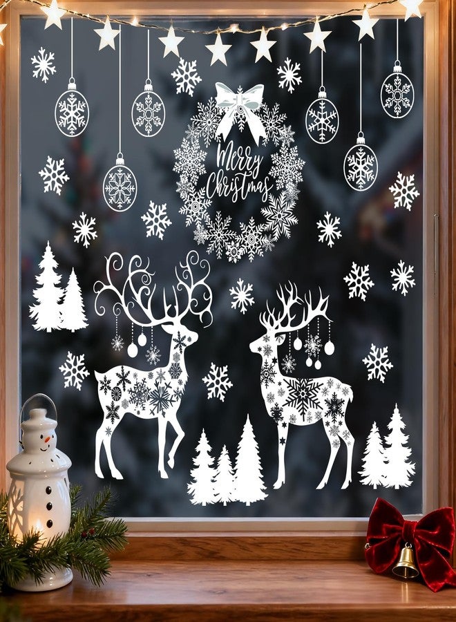 Mfault Merry Christmas Reindeer White Window Clings 4 Sheets, Xmas Tree Wreath Ornament Ball Snowflake Stickers Decals Decorations, Winter Holiday Home Kitchen Decor - Image 1