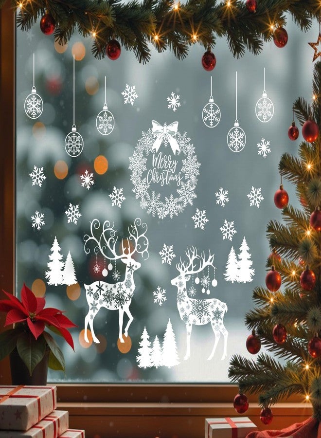 Mfault Merry Christmas Reindeer White Window Clings 4 Sheets, Xmas Tree Wreath Ornament Ball Snowflake Stickers Decals Decorations, Winter Holiday Home Kitchen Decor - Image 3