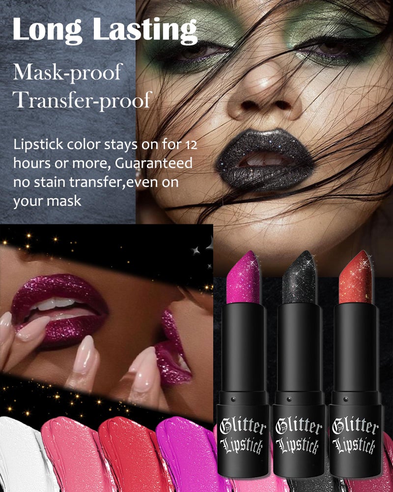 LYSdefeu White Diamond Glitter Matte Lipstick, Gothic Shiny Lip Gloss, Sparkling High Pigment Longlasting Waterproof Smudgeproof Non-Stick Lipstick, Shimmer Lip Blam for Stage,Cosplay, Party Makeup-01 - Image 3