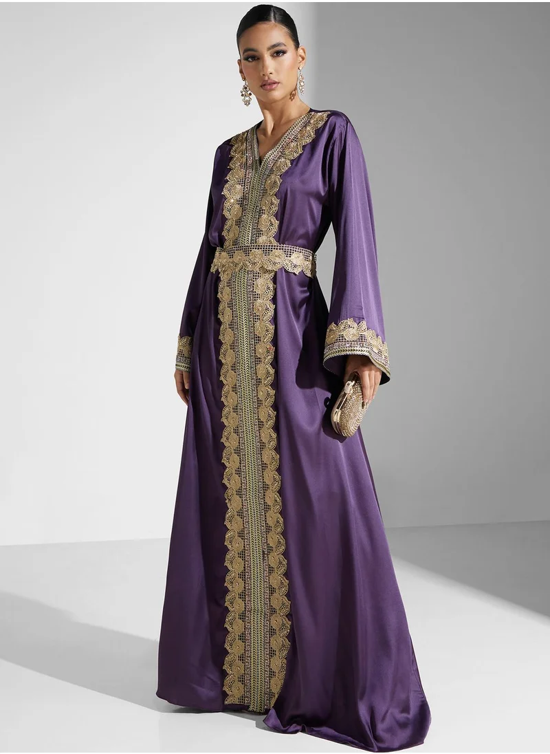 hayas closet Lace Detail Moroccan Belted Jalabiya