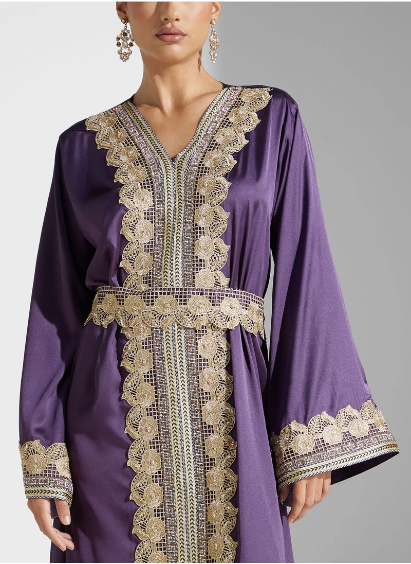 hayas closet Lace Detail Moroccan Belted Jalabiya