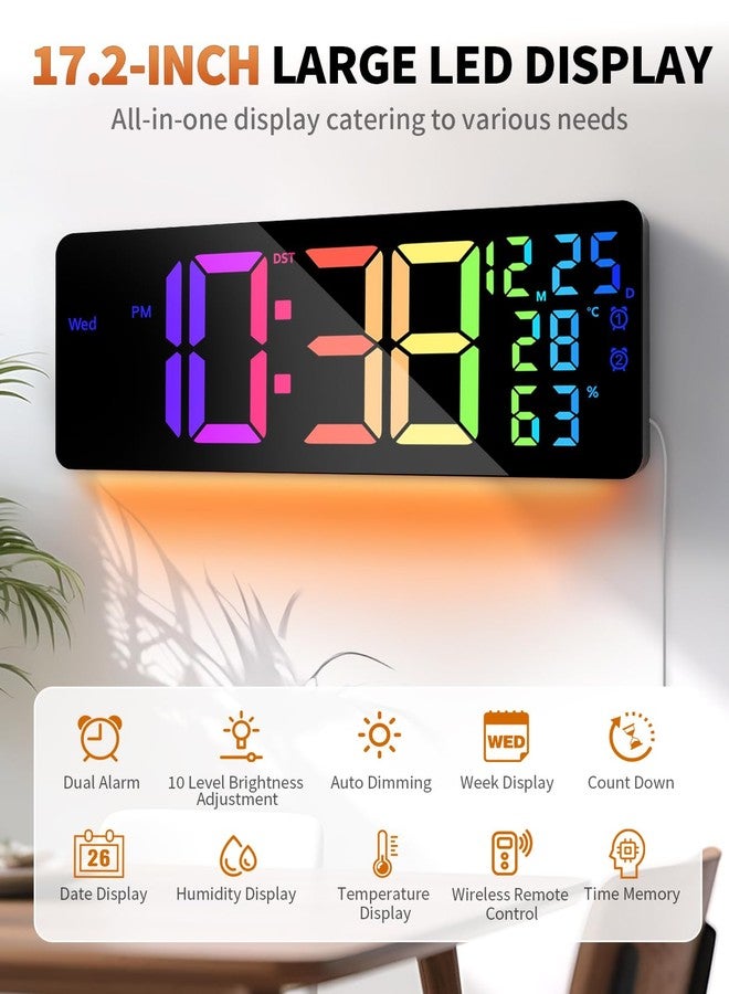 ساعة حائط رقمية كبيرة من GLOKUUCA مقاس 17.2 بوصة، مزودة بمؤقت تنازلي، ومنبه، وشاشة LED كبيرة، و11 لون RGB، ومؤشر لدرجة الحرارة، مناسبة لغرفة المعيشة، والفصل الدراسي، والمكتب، وهدية عيد الميلاد، وهدية عيد ميلاد للأم أو الأب (مستطيلة). - Image 2